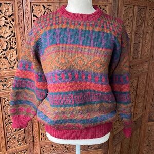 VINTAGE WOOL Multicolor Patterned Fair Isle Retro Crewneck Pullover Sweater